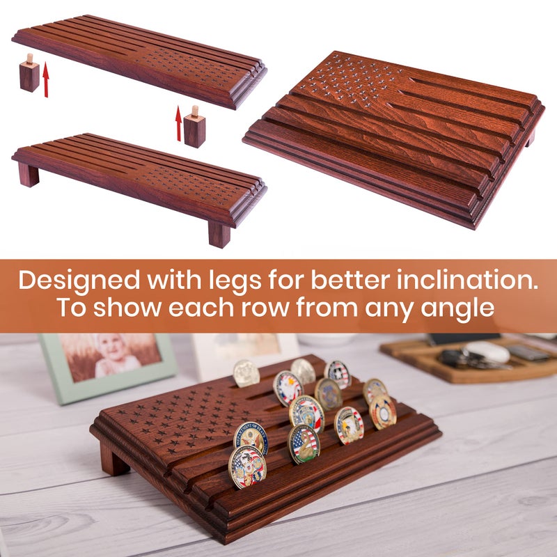 TESLYAR 6 Rows Military Challenge Coins Stand Holder Display Rack Wooden Army Collectible Challenge Coin Display Case Wood Stand  Holds 30-36 Coins Natural Solid Wood Brown American Flag (Mahogany) - Image 5